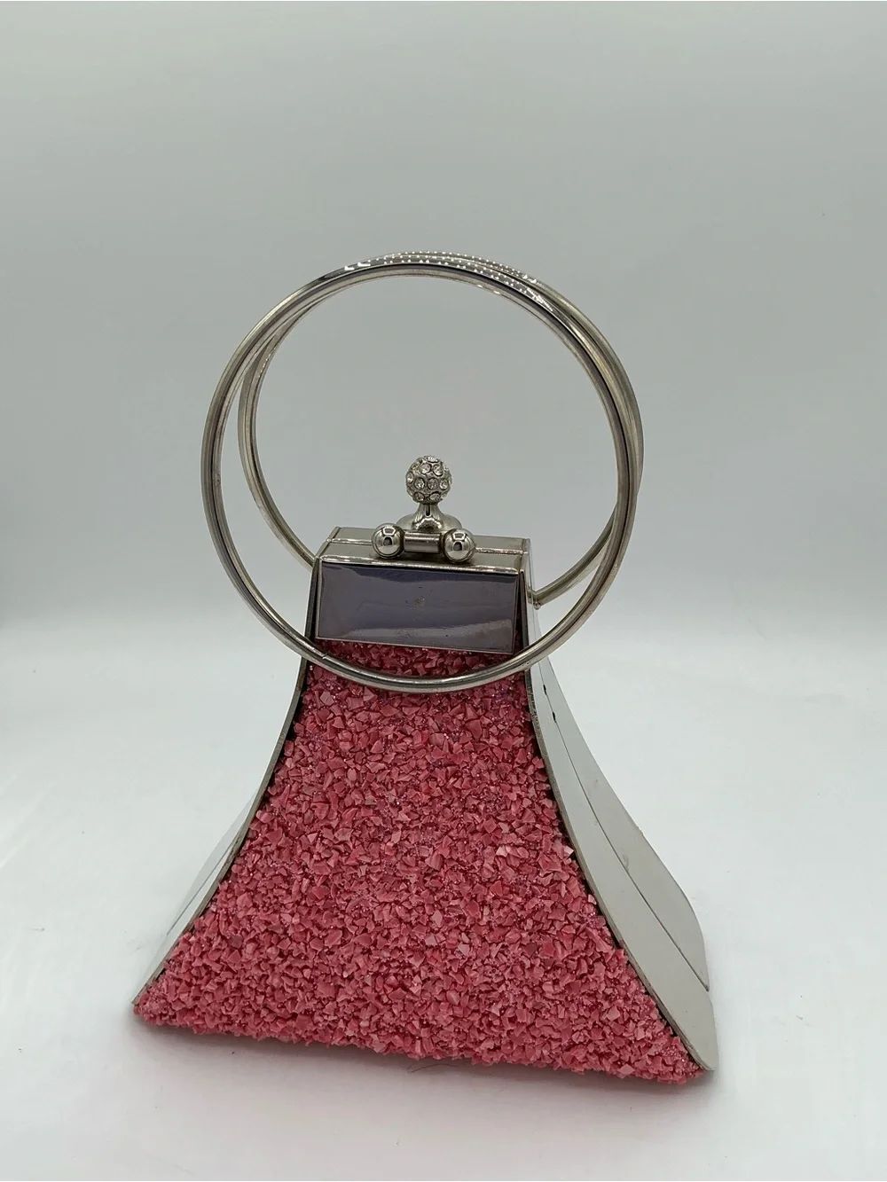 GaBaangs pink rhinestone and crushed-stone trapezoidal evening handbag